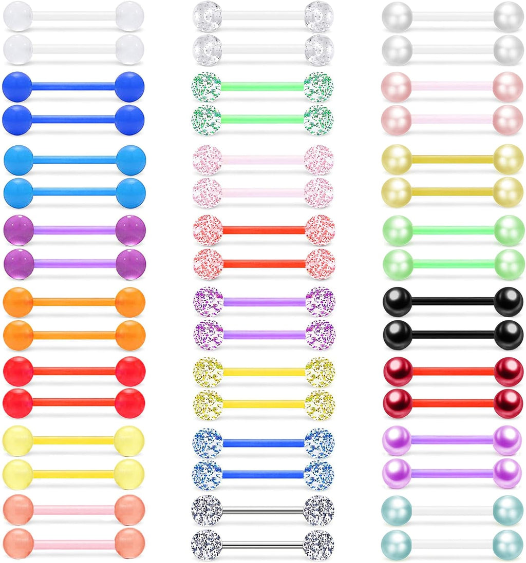 48Pcs 14G Glow in Dark Flexible Acrylic Straight Tongue Barbell Nipple Ring Retainer Piercing Jewelry for Women Men 16mm Bar - QIAO CrystalQIAO CrystalQIAO Crystal