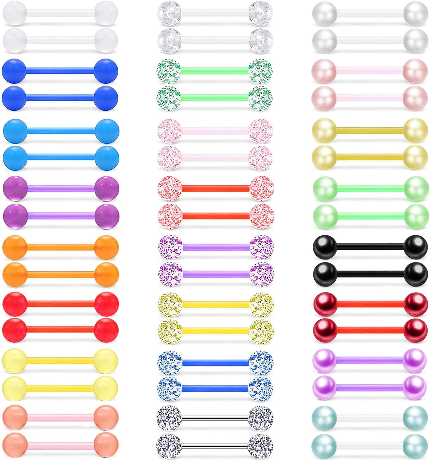 48Pcs 14G Glow in Dark Flexible Acrylic Straight Tongue Barbell Nipple Ring Retainer Piercing Jewelry for Women Men 16mm Bar - QIAO CrystalQIAO CrystalQIAO Crystal