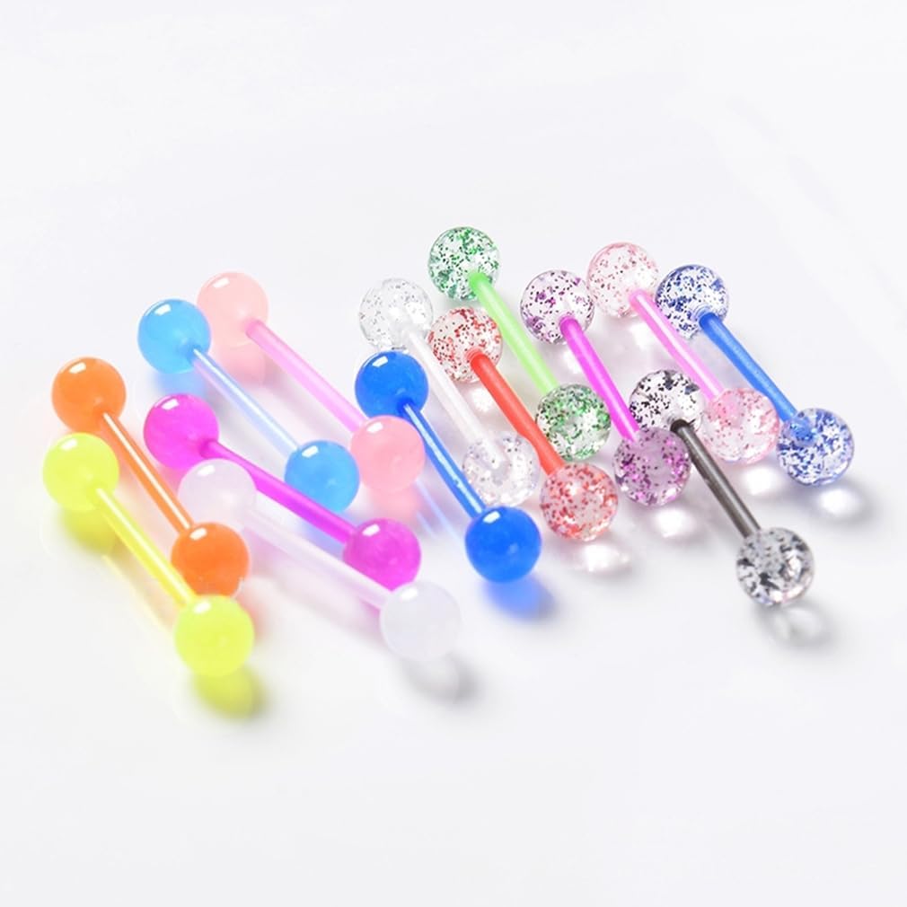 48Pcs 14G Glow in Dark Flexible Acrylic Straight Tongue Barbell Nipple Ring Retainer Piercing Jewelry for Women Men 16mm Bar - QIAO CrystalQIAO CrystalQIAO Crystal