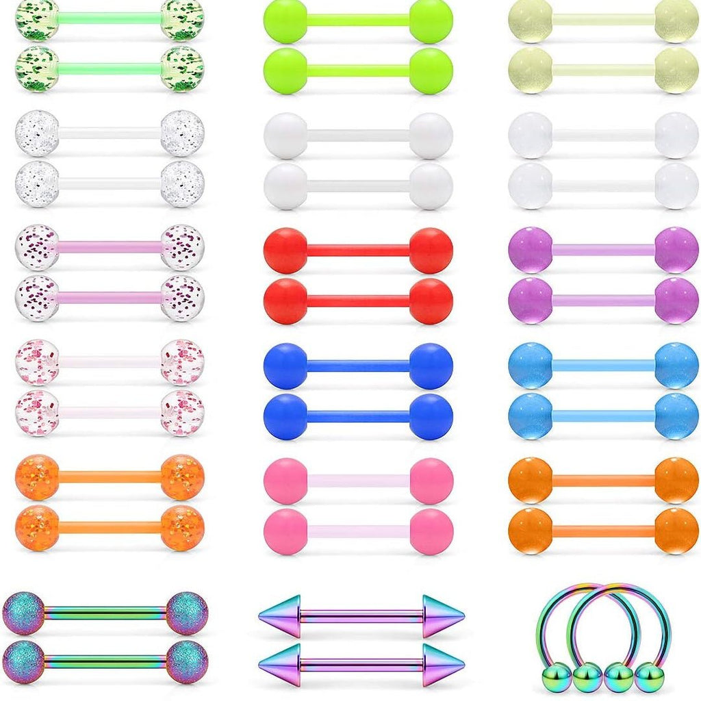 48Pcs 14G Glow in Dark Flexible Bioflex Acrylic and Surgical Steel Straight Tongue Barbell Nipple Ring Nipplerings Retainer Piercing Jewelry for Women Men 14mm Bar - QIAO CrystalQIAO CrystalQIAO Crystal