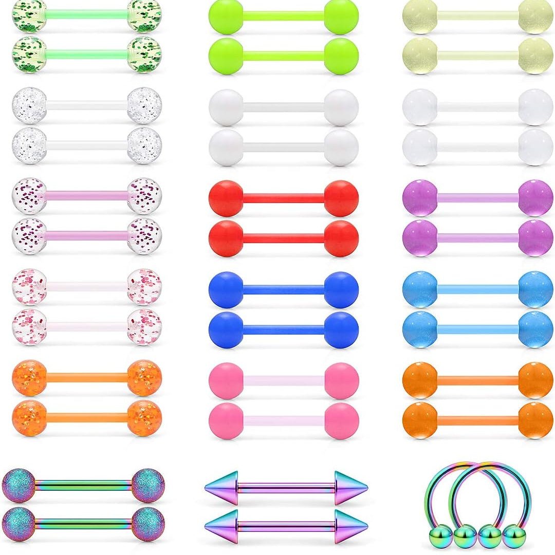48Pcs 14G Glow in Dark Flexible Bioflex Acrylic and Surgical Steel Straight Tongue Barbell Nipple Ring Nipplerings Retainer Piercing Jewelry for Women Men 14mm Bar - QIAO CrystalQIAO CrystalQIAO Crystal
