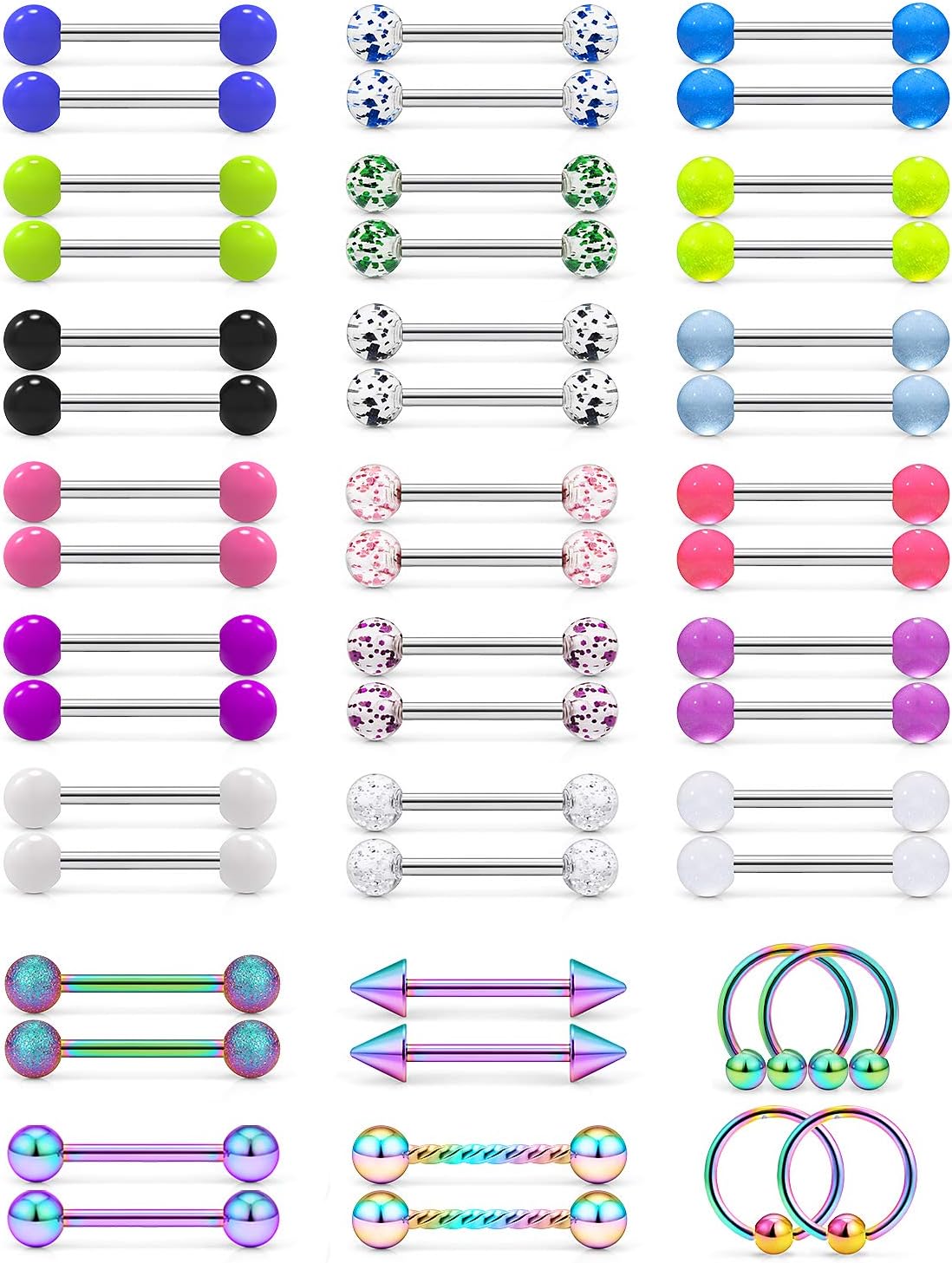 48Pcs 14G Glow in Dark Flexible Bioflex Acrylic and Surgical Steel Straight Tongue Barbell Nipple Ring Nipplerings Retainer Piercing Jewelry for Women Men 14mm Bar - QIAO CrystalQIAO CrystalQIAO Crystal
