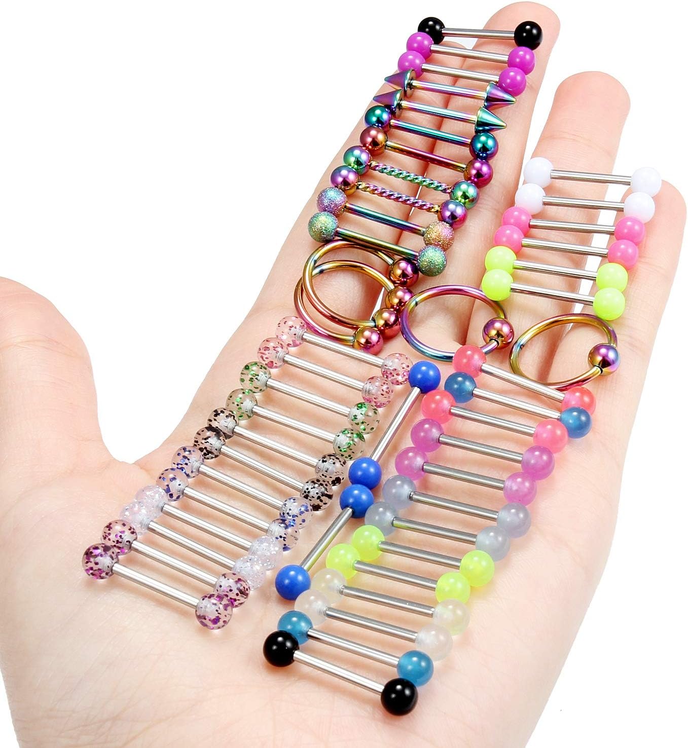 48Pcs 14G Glow in Dark Flexible Bioflex Acrylic and Surgical Steel Straight Tongue Barbell Nipple Ring Nipplerings Retainer Piercing Jewelry for Women Men 14mm Bar - QIAO CrystalQIAO CrystalQIAO Crystal