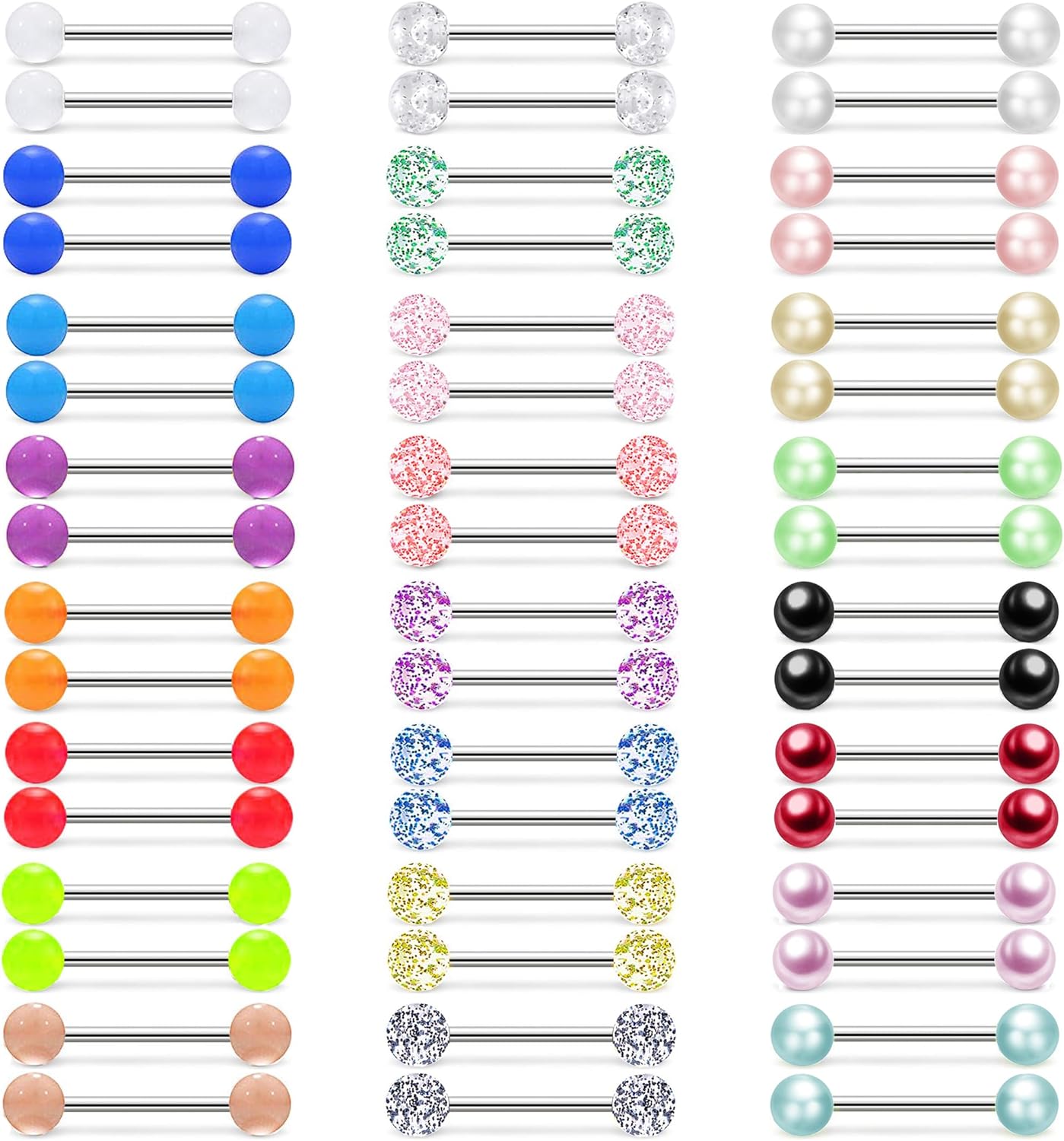 48Pcs 14G Stainless Steel Nipple Rings Tongue Rings Straight Barbell Bars Piercing Glow in Dark Flexible Retainer Piercing Jewelry for Women Men 16mm Bar - QIAO CrystalQIAO CrystalQIAO Crystal