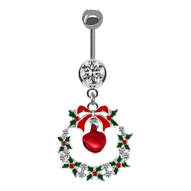 14G Christmas Colorful Jingle Bell Belly Button Ring for Women Stainless Steel Bowknot Star Wreath Dangle Belly Navel Barbell Rings Christmas Body Piercing Jewelry Festival Gifts