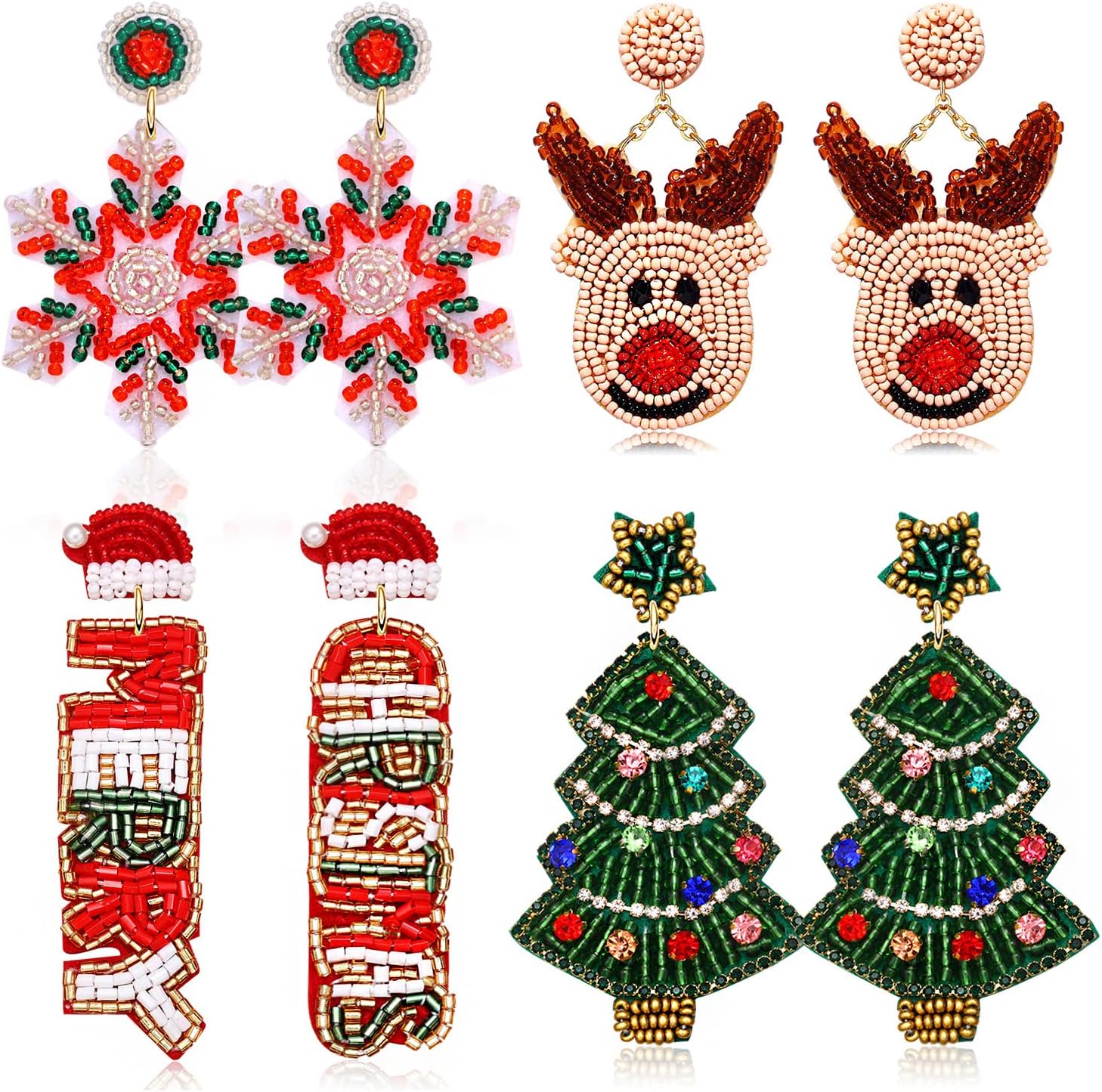 4Pairs Christmas Earrings for Women Holiday Earrings Handmade Christmas Tree Earrings Beaded Snowflake Reindeer Wreath Dangle Earrings Holiday Party Gifts - 我的商店我的商店我的商店