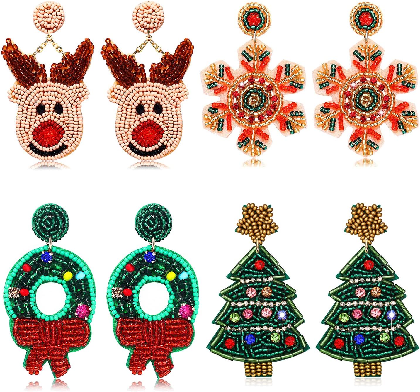 4Pairs Christmas Earrings for Women Holiday Earrings Handmade Christmas Tree Earrings Beaded Snowflake Reindeer Wreath Dangle Earrings Holiday Party Gifts - 我的商店我的商店我的商店