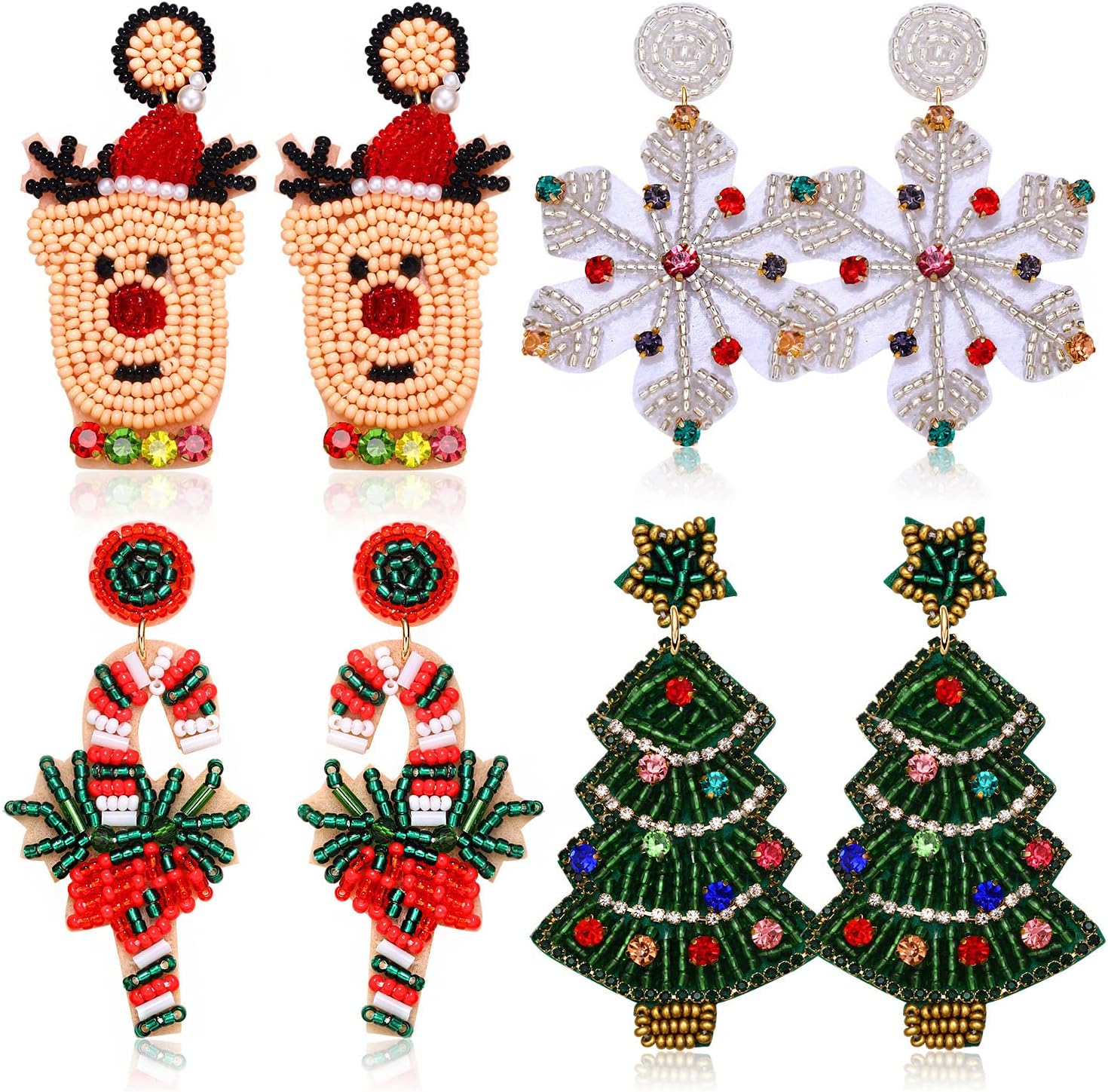4Pairs Christmas Earrings for Women Holiday Earrings Handmade Christmas Tree Earrings Beaded Snowflake Reindeer Wreath Dangle Earrings Holiday Party Gifts - 我的商店我的商店我的商店