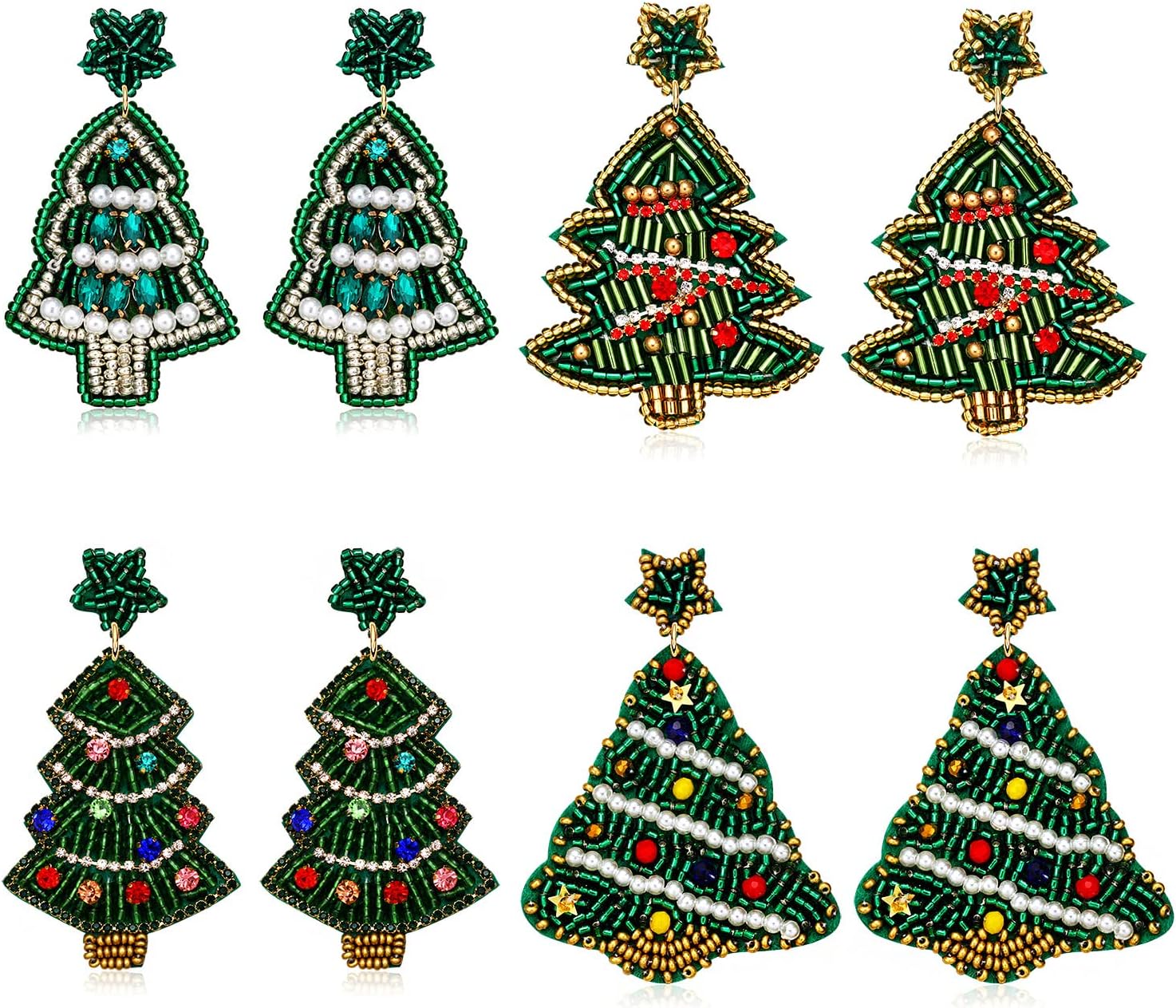 4Pairs Christmas Earrings for Women Holiday Earrings Handmade Christmas Tree Earrings Beaded Snowflake Reindeer Wreath Dangle Earrings Holiday Party Gifts - 我的商店我的商店我的商店