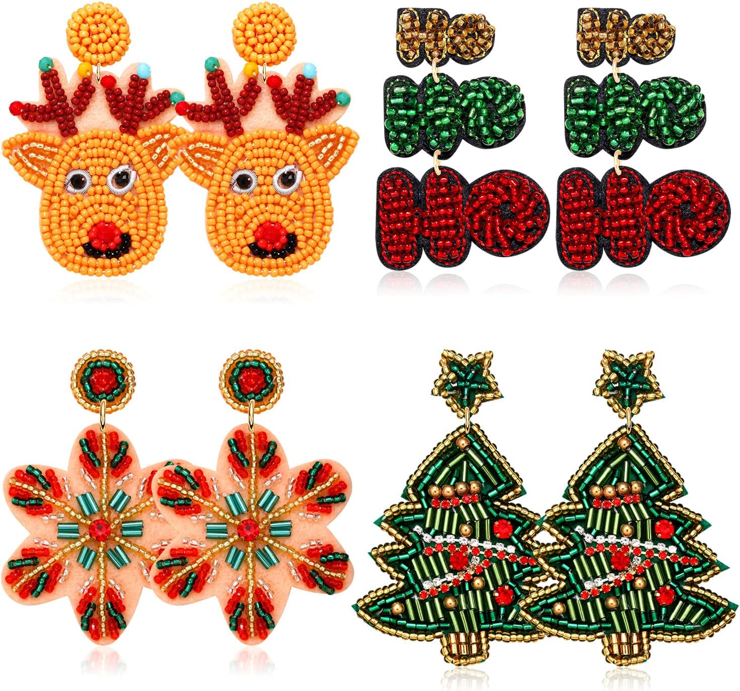 4Pairs Christmas Earrings for Women Holiday Earrings Handmade Christmas Tree Earrings Beaded Snowflake Reindeer Wreath Dangle Earrings Holiday Party Gifts - 我的商店我的商店我的商店
