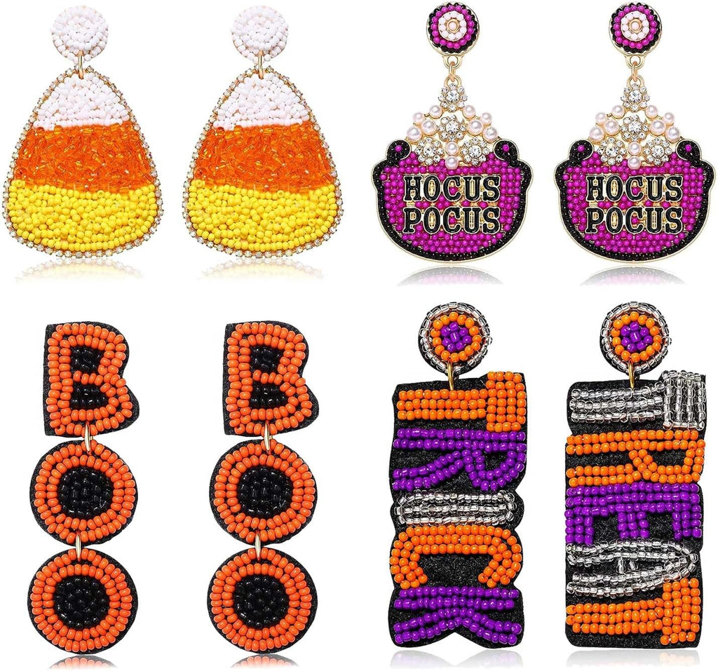 4Pairs Christmas Earrings for Women Holiday Earrings Handmade Christmas Tree Earrings Beaded Snowflake Reindeer Wreath Dangle Earrings Holiday Party Gifts - 我的商店我的商店我的商店