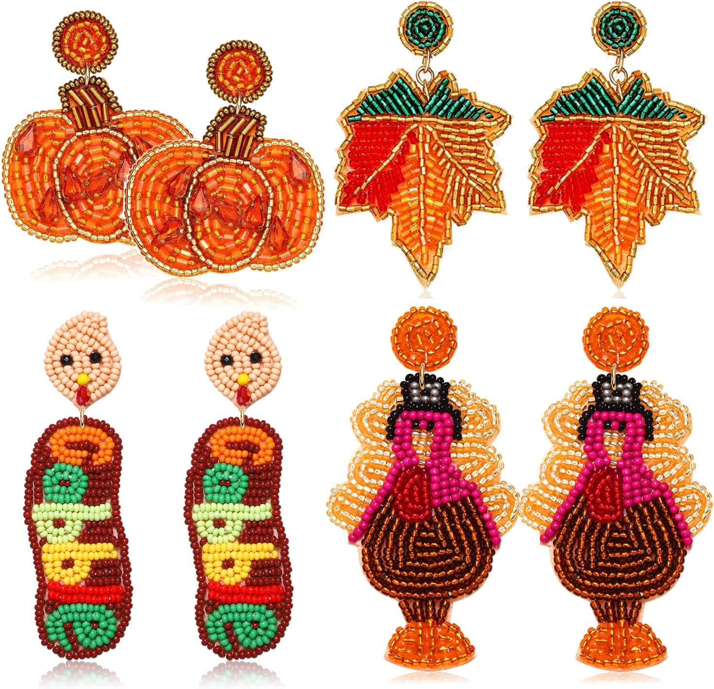 4Pairs Christmas Earrings for Women Holiday Earrings Handmade Christmas Tree Earrings Beaded Snowflake Reindeer Wreath Dangle Earrings Holiday Party Gifts - 我的商店我的商店我的商店