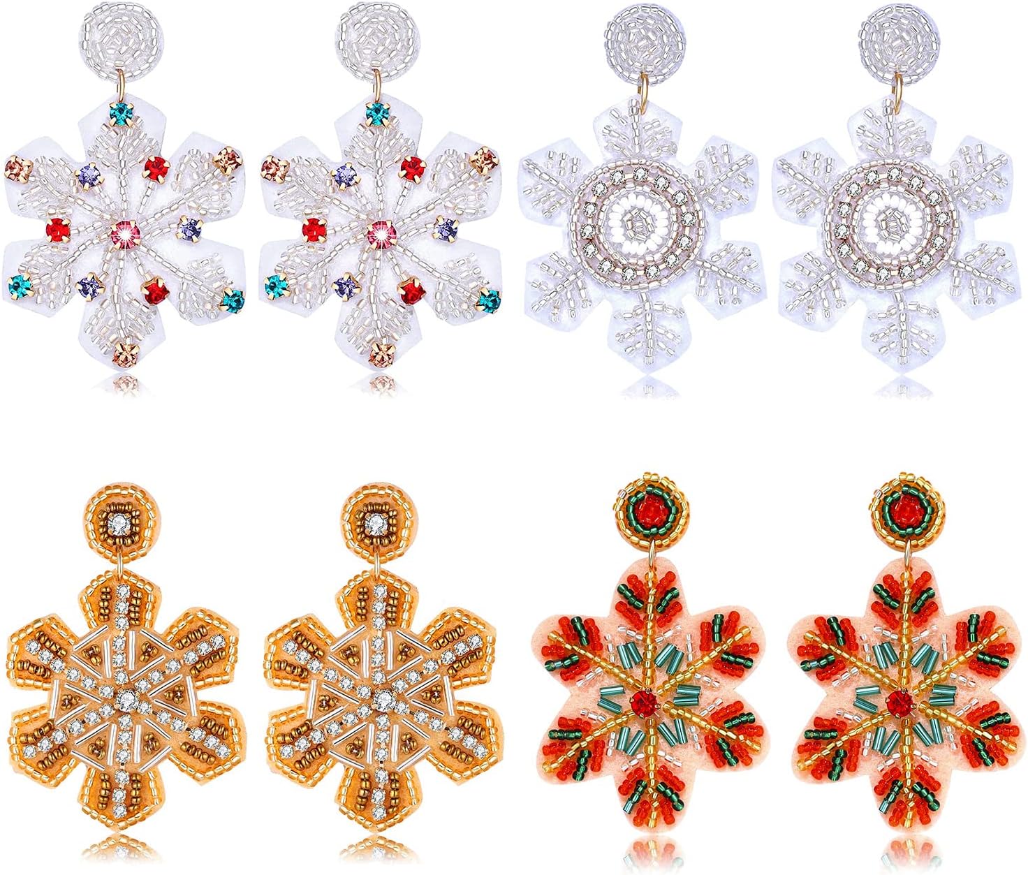 4Pairs Christmas Earrings for Women Holiday Earrings Handmade Christmas Tree Earrings Beaded Snowflake Reindeer Wreath Dangle Earrings Holiday Party Gifts - 我的商店我的商店我的商店