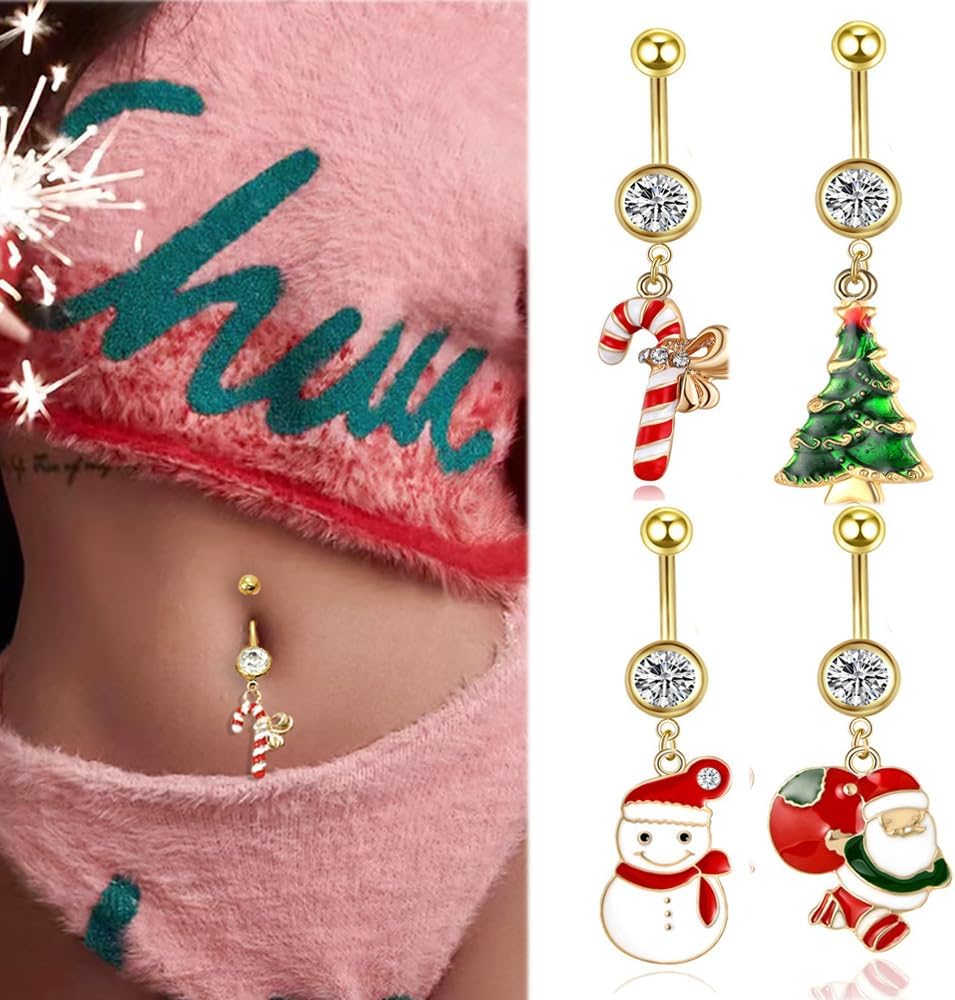 4Pcs 14G Christmas Belly Button Rings for Women Santa Claus Christmas Tree Candy Cane Snowman 18K Gold Plated Stainless Steel Belly Navel Barbell Rings Xmas Body Piercing Jewelry - 我的商店我的商店我的商店