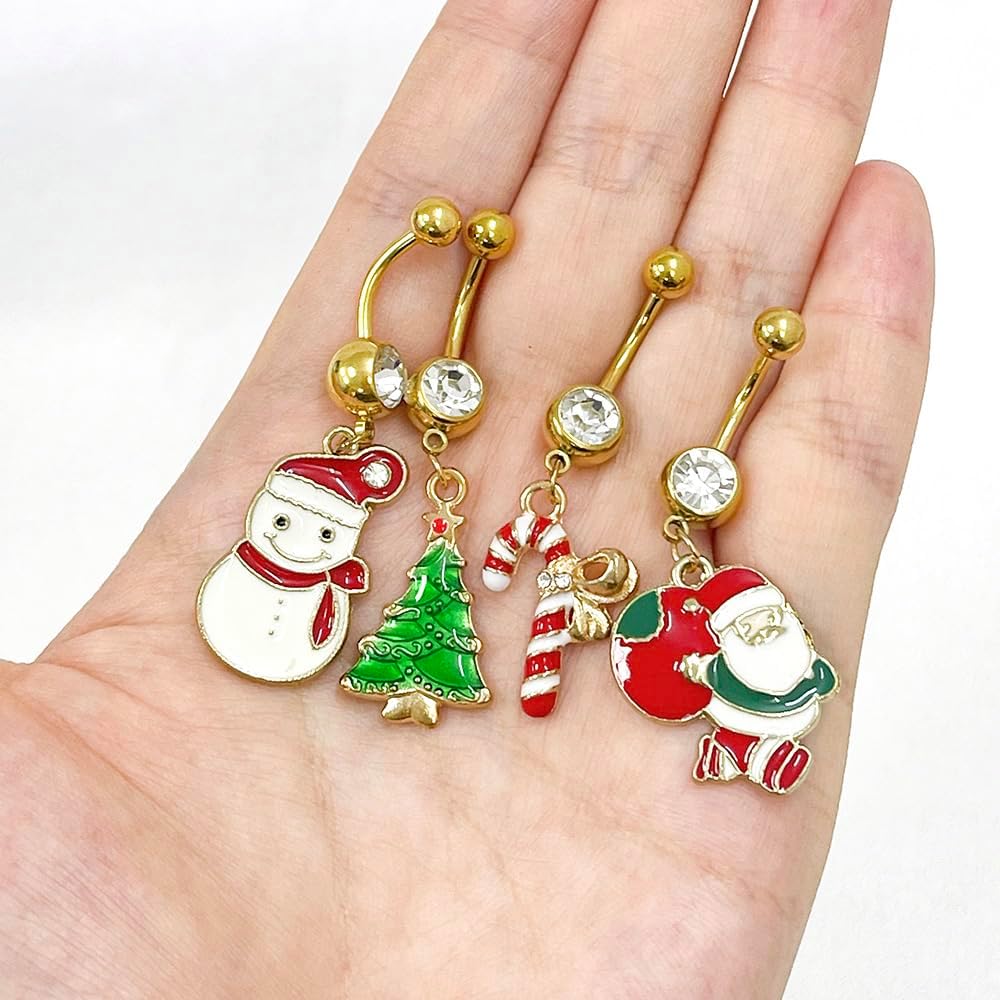 4Pcs 14G Christmas Belly Button Rings for Women Santa Claus Christmas Tree Candy Cane Snowman 18K Gold Plated Stainless Steel Belly Navel Barbell Rings Xmas Body Piercing Jewelry - 我的商店我的商店我的商店