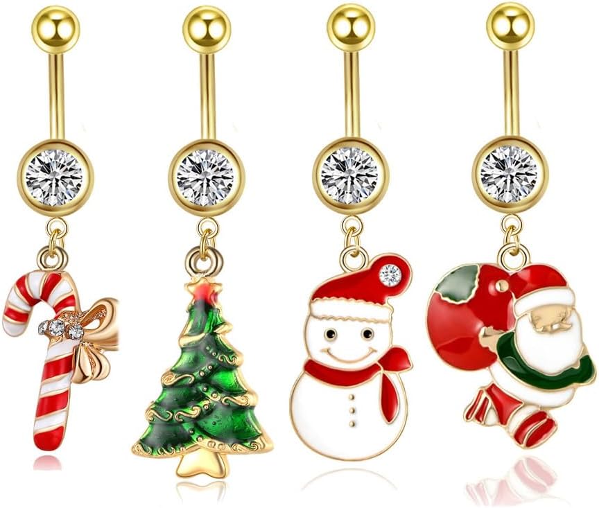 4Pcs 14G Christmas Belly Button Rings for Women Santa Claus Christmas Tree Candy Cane Snowman 18K Gold Plated Stainless Steel Belly Navel Barbell Rings Xmas Body Piercing Jewelry - 我的商店我的商店我的商店