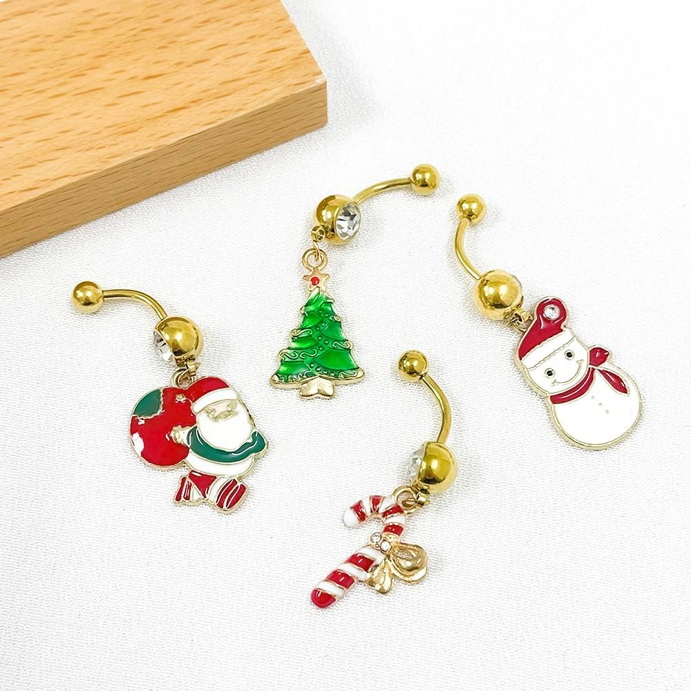 4Pcs 14G Christmas Belly Button Rings for Women Santa Claus Christmas Tree Candy Cane Snowman 18K Gold Plated Stainless Steel Belly Navel Barbell Rings Xmas Body Piercing Jewelry - 我的商店我的商店我的商店
