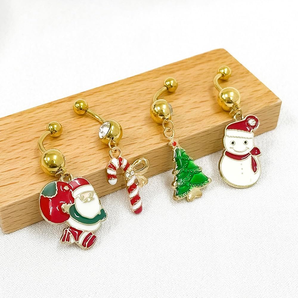 4Pcs 14G Christmas Belly Button Rings for Women Santa Claus Christmas Tree Candy Cane Snowman 18K Gold Plated Stainless Steel Belly Navel Barbell Rings Xmas Body Piercing Jewelry - 我的商店我的商店我的商店