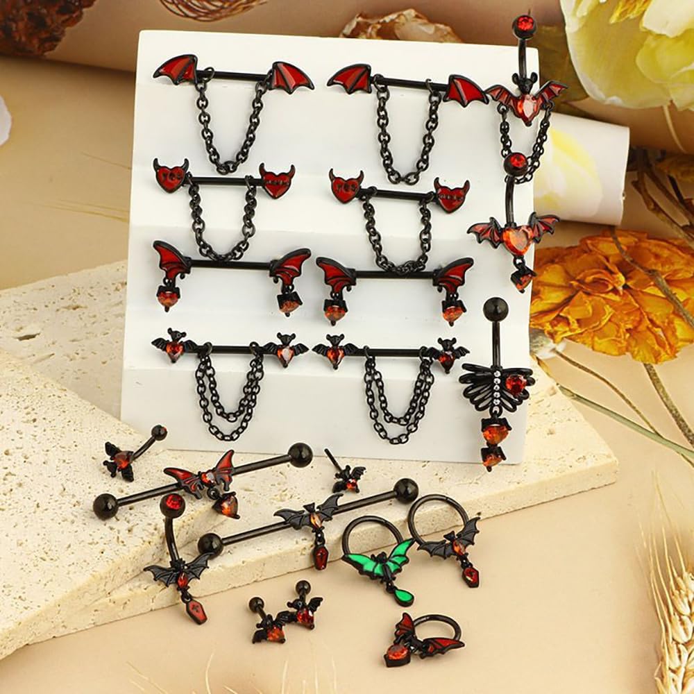 4Pcs Stainless Steel Bat Belly Button Rings for Women 14G Halloween Red Black Bat Dangle Belly Navel Rings Belly Curved Barbells Body Piercing Jewelry - 我的商店我的商店我的商店