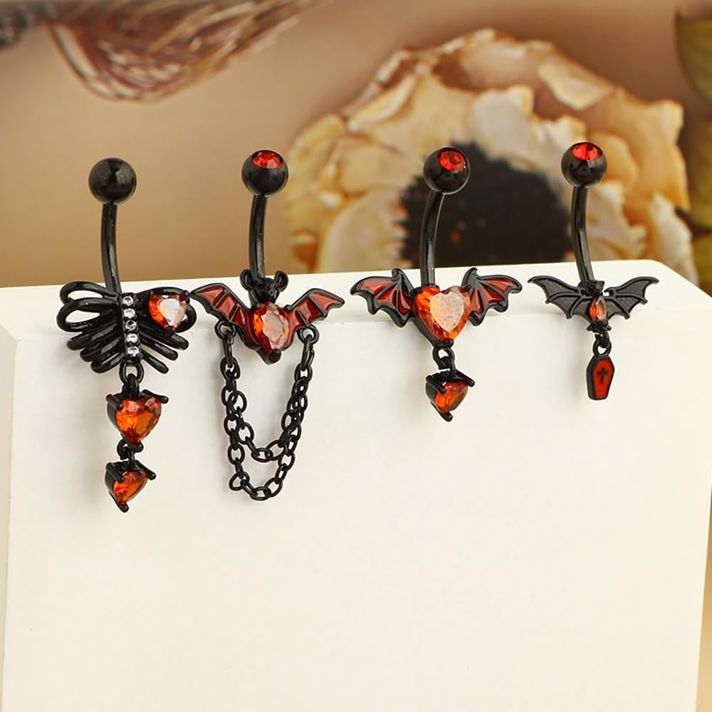 4Pcs Stainless Steel Bat Belly Button Rings for Women 14G Halloween Red Black Bat Dangle Belly Navel Rings Belly Curved Barbells Body Piercing Jewelry - 我的商店我的商店我的商店