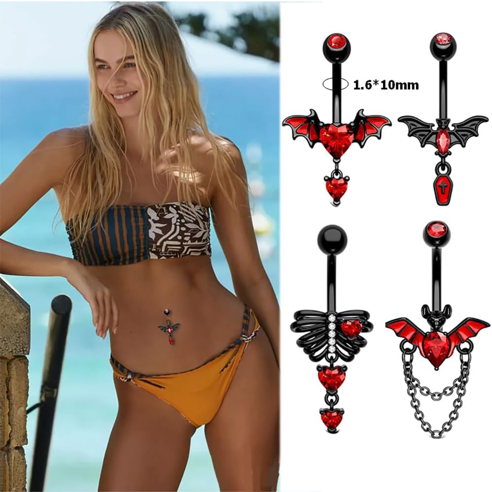 4Pcs Stainless Steel Bat Belly Button Rings for Women 14G Halloween Red Black Bat Dangle Belly Navel Rings Belly Curved Barbells Body Piercing Jewelry - 我的商店我的商店我的商店