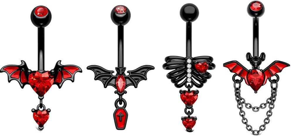 4Pcs Stainless Steel Bat Belly Button Rings for Women 14G Halloween Red Black Bat Dangle Belly Navel Rings Belly Curved Barbells Body Piercing Jewelry - 我的商店我的商店我的商店
