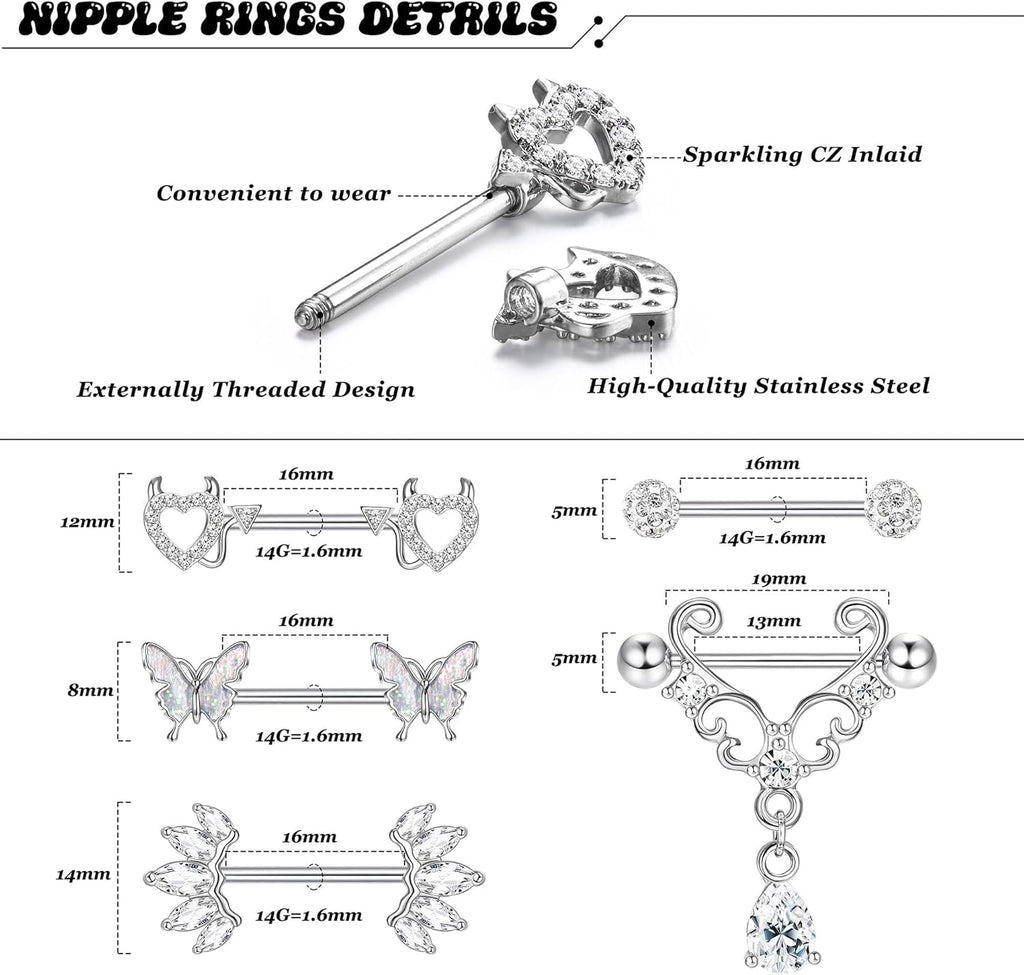 5 Pair 14G Nipple Piercing Jewelry Nipple Rings Surgical Steel for Women Nipple Rings 14 Gauge Stainless Steel Rose Butterfly Evil Heart Shaped Silver Cute Nipple Piercing Jewelry Non Tarnish - QIAO CrystalQIAO CrystalQIAO Crystal