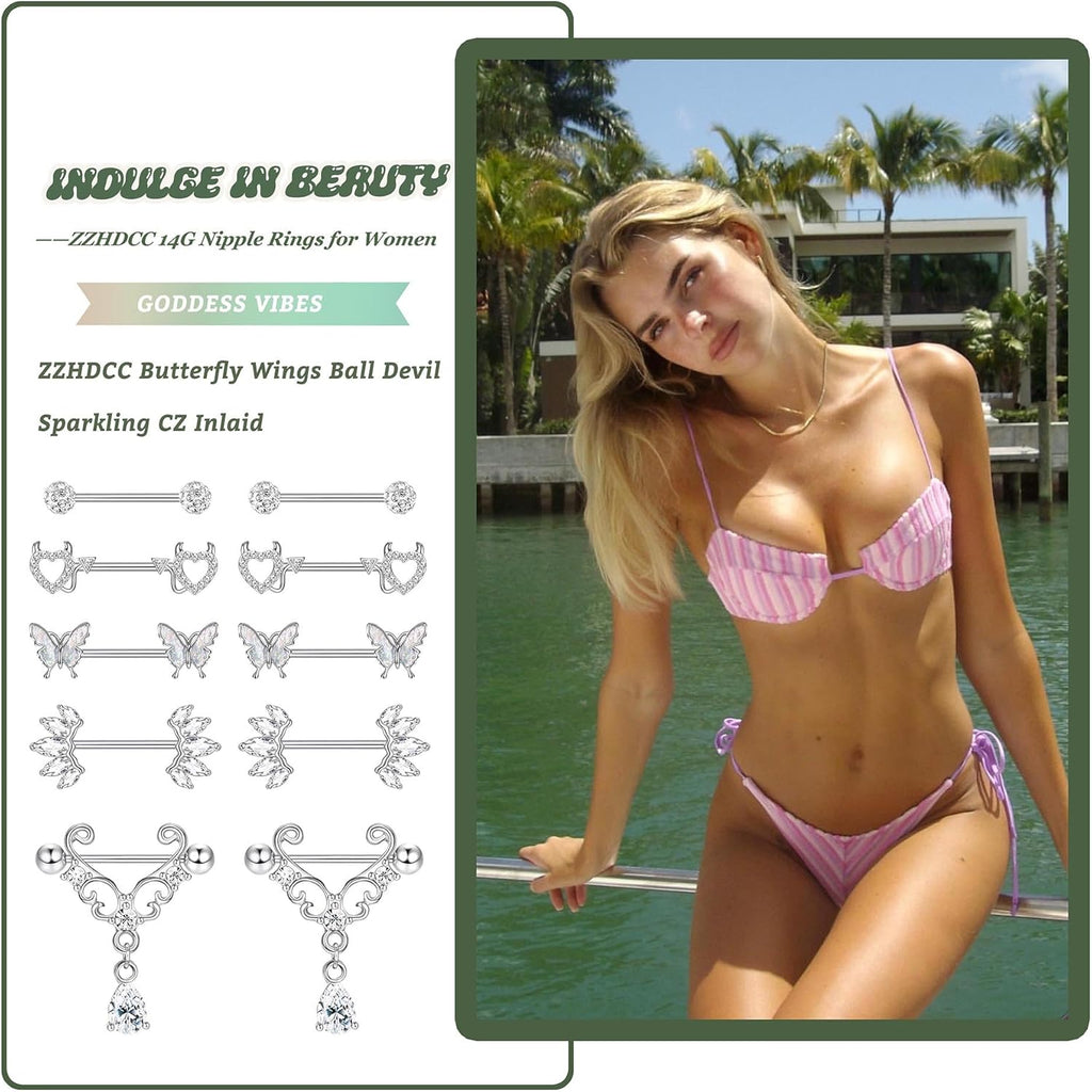 5 Pair 14G Nipple Piercing Jewelry Nipple Rings Surgical Steel for Women Nipple Rings 14 Gauge Stainless Steel Rose Butterfly Evil Heart Shaped Silver Cute Nipple Piercing Jewelry Non Tarnish - QIAO CrystalQIAO CrystalQIAO Crystal