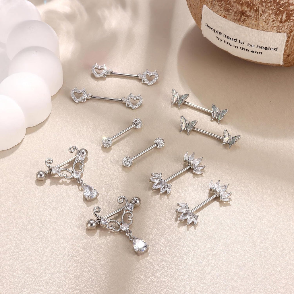 5 Pair 14G Nipple Piercing Jewelry Nipple Rings Surgical Steel for Women Nipple Rings 14 Gauge Stainless Steel Rose Butterfly Evil Heart Shaped Silver Cute Nipple Piercing Jewelry Non Tarnish - QIAO CrystalQIAO CrystalQIAO Crystal