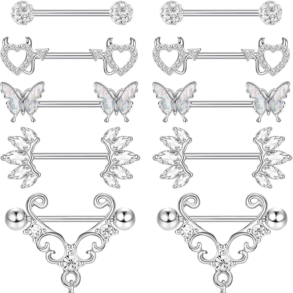 5 Pair 14G Nipple Piercing Jewelry Nipple Rings Surgical Steel for Women Nipple Rings 14 Gauge Stainless Steel Rose Butterfly Evil Heart Shaped Silver Cute Nipple Piercing Jewelry Non Tarnish - QIAO CrystalQIAO CrystalQIAO Crystal