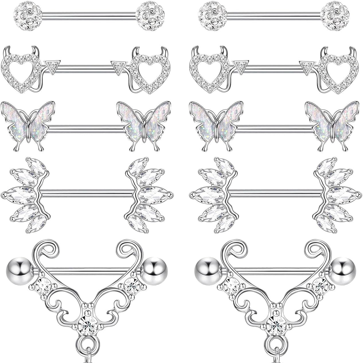 5 Pair 14G Nipple Piercing Jewelry Nipple Rings Surgical Steel for Women Nipple Rings 14 Gauge Stainless Steel Rose Butterfly Evil Heart Shaped Silver Cute Nipple Piercing Jewelry Non Tarnish - QIAO CrystalQIAO CrystalQIAO Crystal