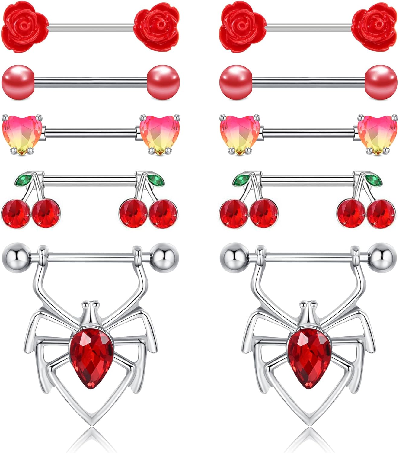 5 Pairs 14G Nipple Rings Stainless Steel Heart Butterfly Bow Opal Flower CZ Stud Barbell Set Cute Nipplerings Shields Piercing Jewelry for Women Pink Blue Red Tone Body Jewelry - QIAO CrystalQIAO CrystalQIAO Crystal