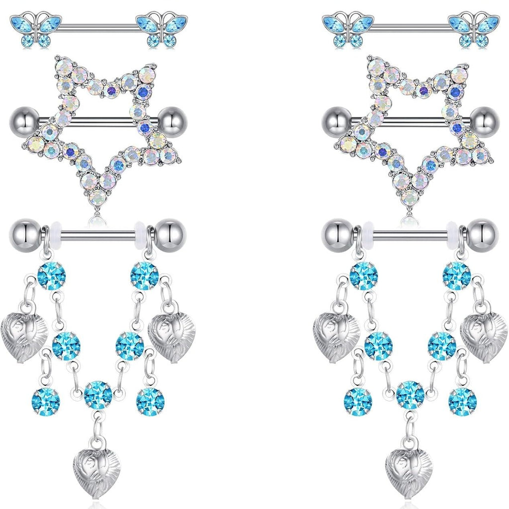 5 Pairs 14G Nipple Rings Stainless Steel Heart Butterfly Bow Opal Flower CZ Stud Barbell Set Cute Nipplerings Shields Piercing Jewelry for Women Pink Blue Red Tone Body Jewelry - QIAO CrystalQIAO CrystalQIAO Crystal