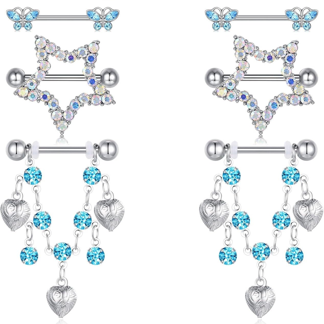 5 Pairs 14G Nipple Rings Stainless Steel Heart Butterfly Bow Opal Flower CZ Stud Barbell Set Cute Nipplerings Shields Piercing Jewelry for Women Pink Blue Red Tone Body Jewelry - QIAO CrystalQIAO CrystalQIAO Crystal
