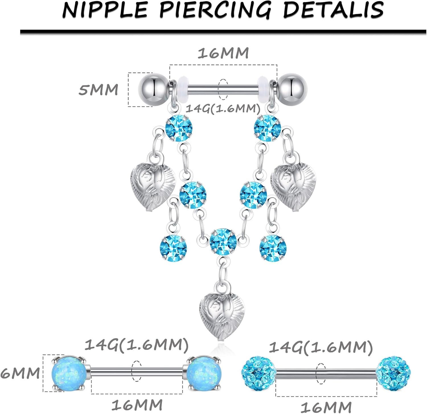 5 Pairs 14G Nipple Rings Stainless Steel Heart Butterfly Bow Opal Flower CZ Stud Barbell Set Cute Nipplerings Shields Piercing Jewelry for Women Pink Blue Red Tone Body Jewelry - QIAO CrystalQIAO CrystalQIAO Crystal