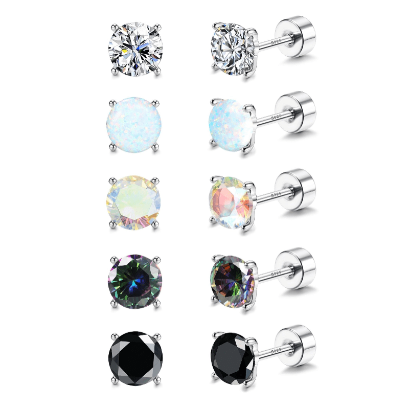 5 Pairs 925 Sterling Silver Stud Earrings for Women 20G Flat Back Earrings - QIAO Crystal我的商店QIAO Crystal