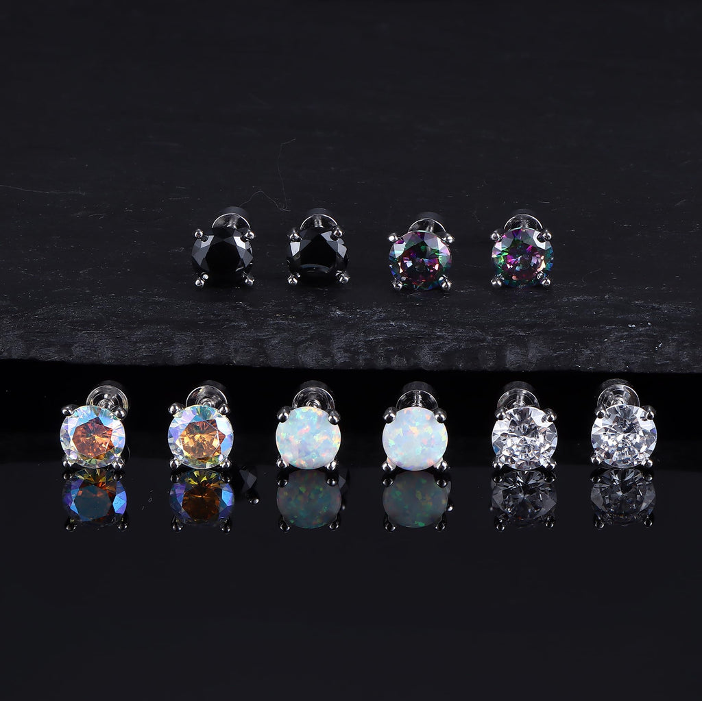5 Pairs 925 Sterling Silver Stud Earrings for Women 20G Flat Back Earrings Helix Cartilage Earrings Cubic Zirconia Opal Earrings Comfort Back Sleep Post Earrings Hypoallergenic - QIAO Crystal我的商店QIAO Crystal