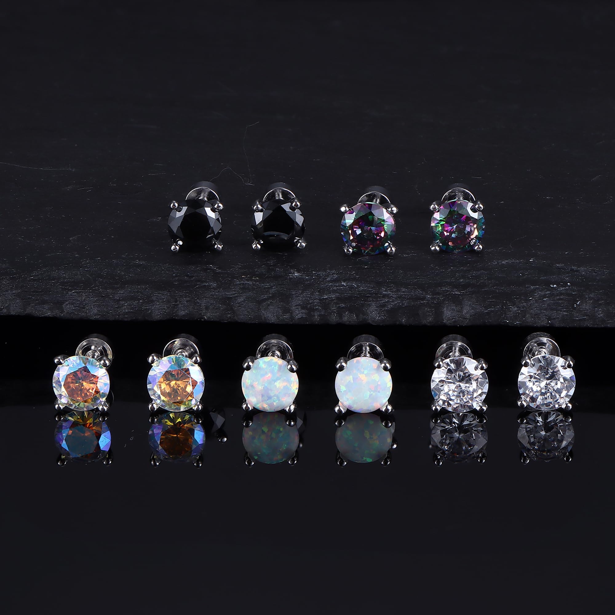 5 Pairs 925 Sterling Silver Stud Earrings for Women 20G Flat Back Earrings Helix Cartilage Earrings Cubic Zirconia Opal Earrings Comfort Back Sleep Post Earrings Hypoallergenic - QIAO Crystal我的商店QIAO Crystal