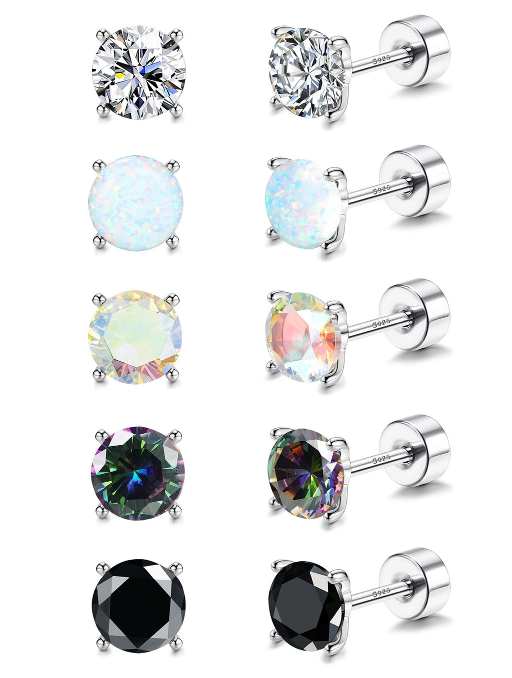 5 Pairs 925 Sterling Silver Stud Earrings for Women 20G Flat Back Earrings Helix Cartilage Earrings Cubic Zirconia Opal Earrings Comfort Back Sleep Post Earrings Hypoallergenic - QIAO Crystal我的商店QIAO Crystal