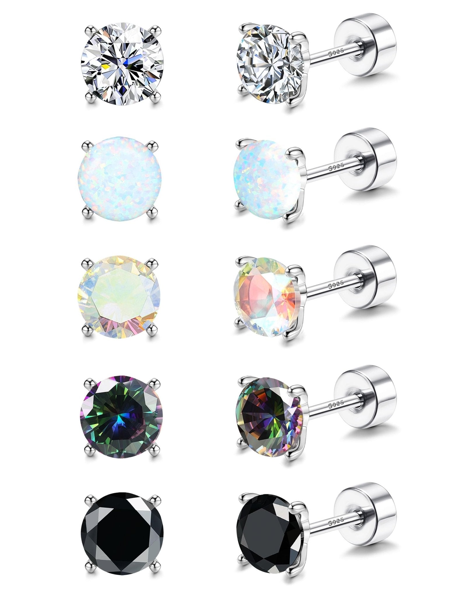5 Pairs 925 Sterling Silver Stud Earrings for Women 20G Flat Back Earrings Helix Cartilage Earrings Cubic Zirconia Opal Earrings Comfort Back Sleep Post Earrings Hypoallergenic - QIAO Crystal我的商店QIAO Crystal