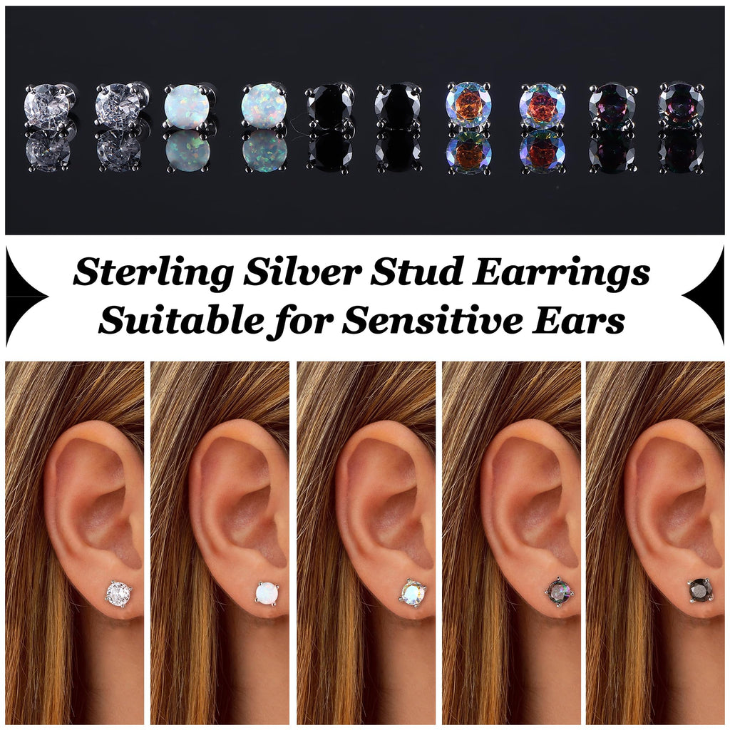 5 Pairs 925 Sterling Silver Stud Earrings for Women 20G Flat Back Earrings Helix Cartilage Earrings Cubic Zirconia Opal Earrings Comfort Back Sleep Post Earrings Hypoallergenic - QIAO Crystal我的商店QIAO Crystal