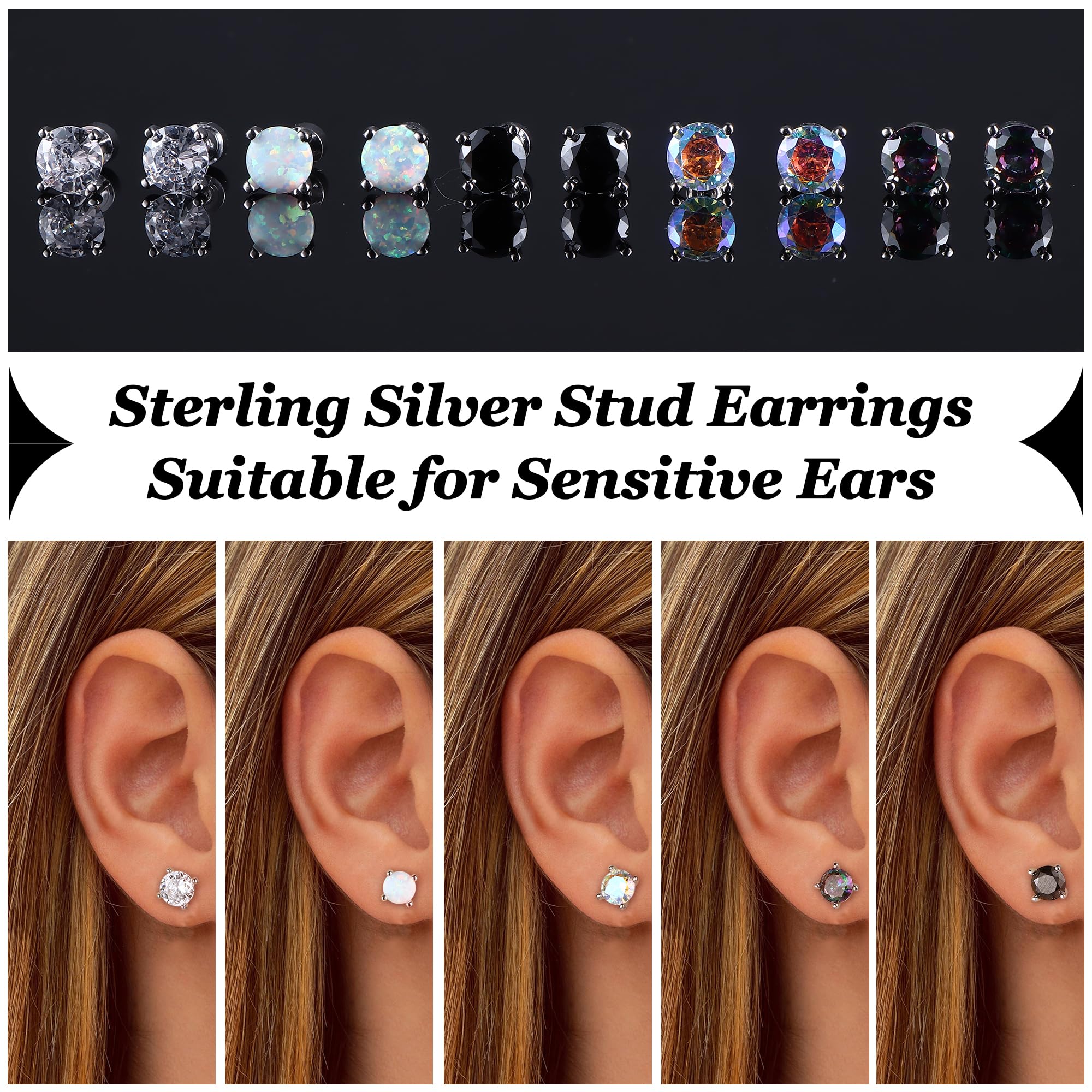5 Pairs 925 Sterling Silver Stud Earrings for Women 20G Flat Back Earrings Helix Cartilage Earrings Cubic Zirconia Opal Earrings Comfort Back Sleep Post Earrings Hypoallergenic - QIAO Crystal我的商店QIAO Crystal