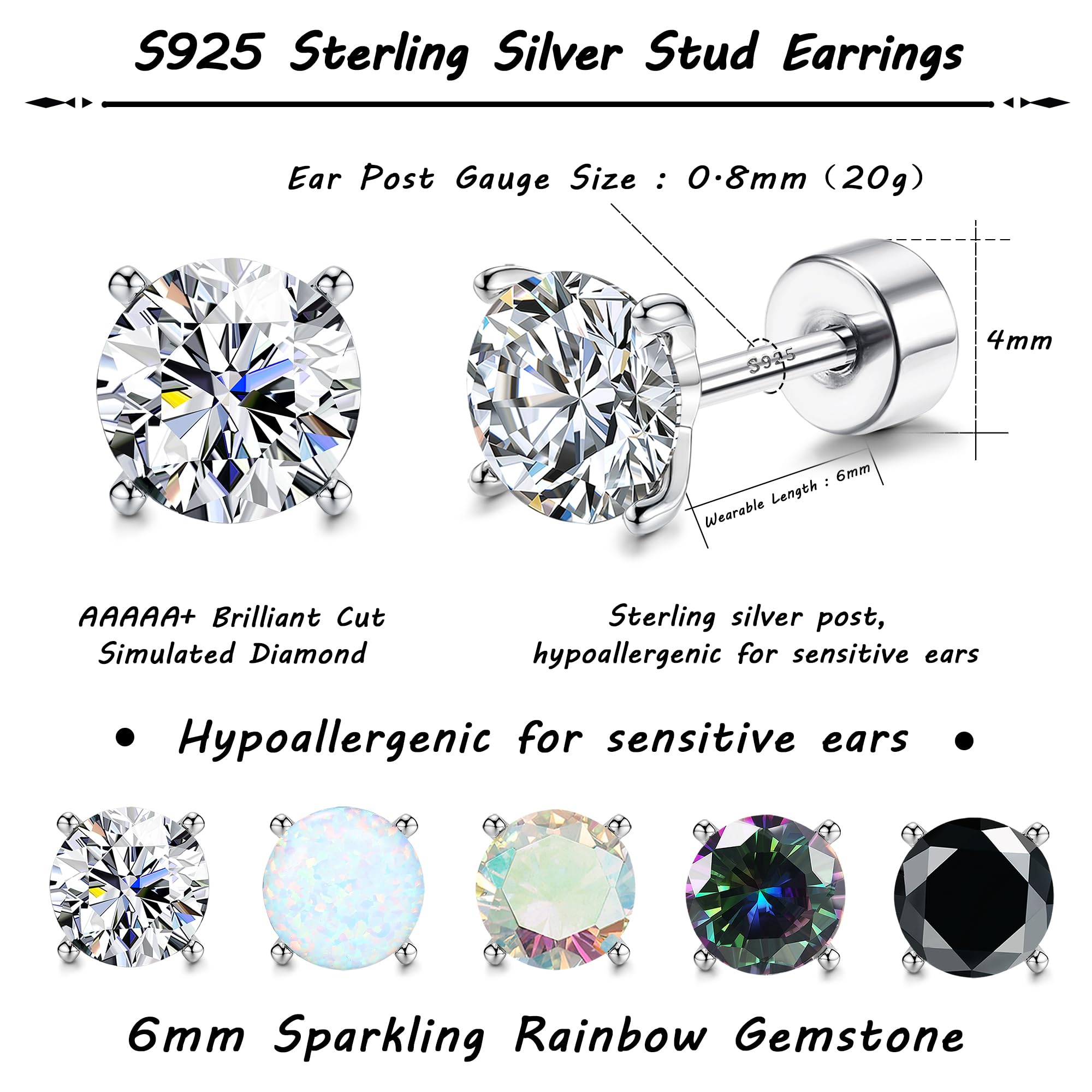 5 Pairs 925 Sterling Silver Stud Earrings for Women 20G Flat Back Earrings Helix Cartilage Earrings Cubic Zirconia Opal Earrings Comfort Back Sleep Post Earrings Hypoallergenic - QIAO Crystal我的商店QIAO Crystal
