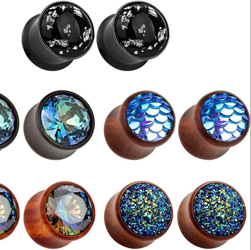 5 Pairs Gauge Wood Tunnels Earrings Zircon Stone Body Jewelry Set Stretching Tapers Expanders Wooden Ear Plugs Gauge 0g(8mm) - QIAO CrystalQIAO CrystalQIAO Crystal