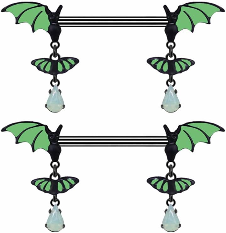 14G Green Bat Dangle Nipple Rings for Women 316L Stainless Steel Glow-In-The-Dark Nipplerings Nipple Studs Barbell Halloween Statement Nipple Piercing Jewelry