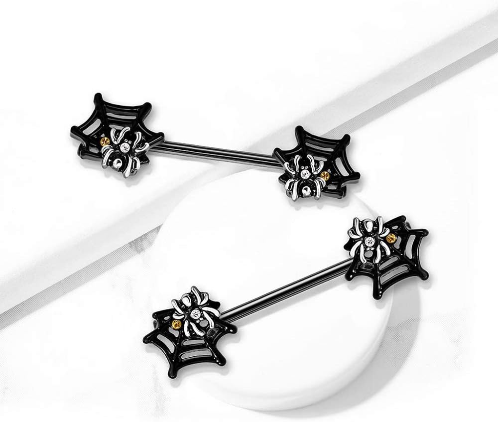 14G Stainless Steel CZ Crystal Black Spider Web Nipple Barbells, Sold as a Pair