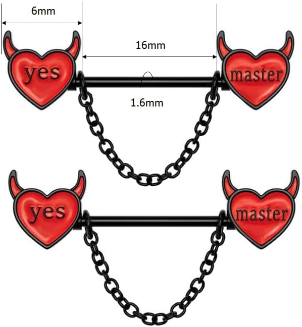 14G Devil Heart Nipple Rings for Women Surgical Steel Yes Master Naughty Words Dangle Chains Nipplerings Nipple Studs Barbell Nipple Piercing Jewelry