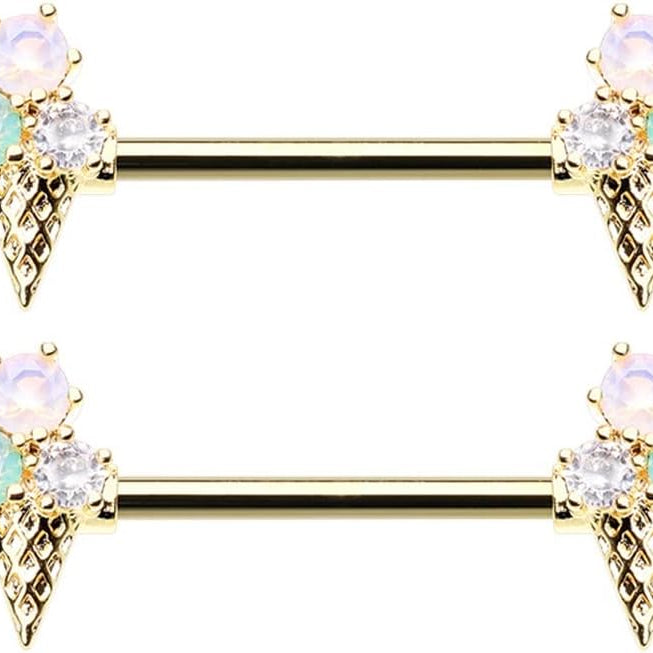Pierced Owl 14GA Stainless Steel CZ Crystal Ice Cream Cone Nipple Barbells, Sold as a Pair