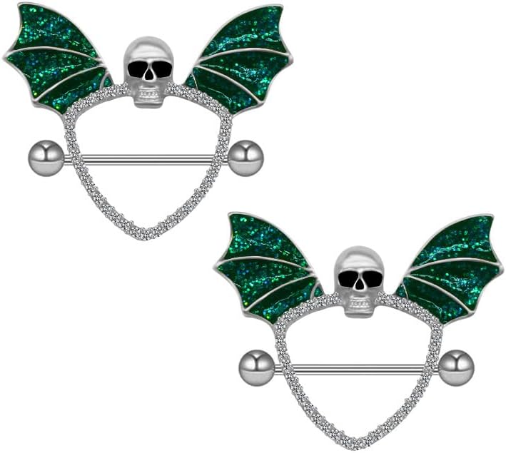 14G Green Bat Skull Nipple Rings for Women Surgical Stainless Steel Skeleton Nipplerings Nipple Studs Barbells Halloween Body Piercing Jewelry