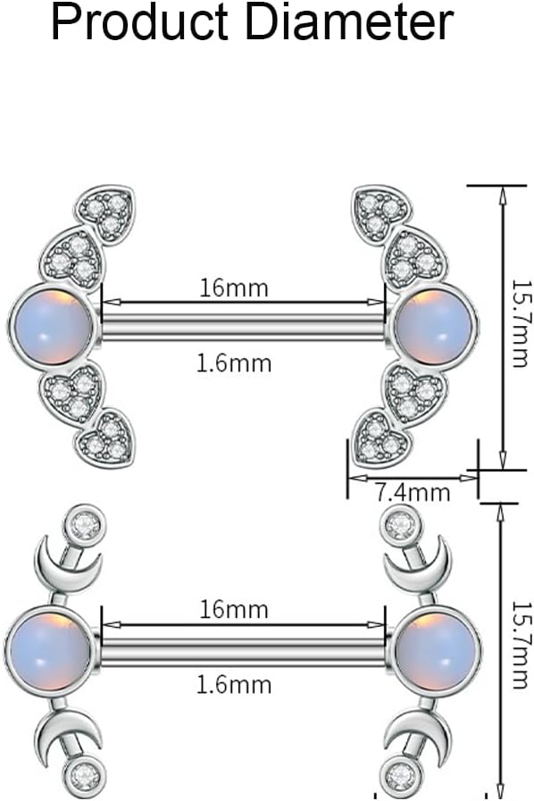 14G CZ Heart Nipple Rings Rhinestone Opal Simple Moon Nipple Shield Barbell Ring Nipple Barbells Tongue Ring Piercing Nipplerings Dainty Body Piercing Jewelry for Women